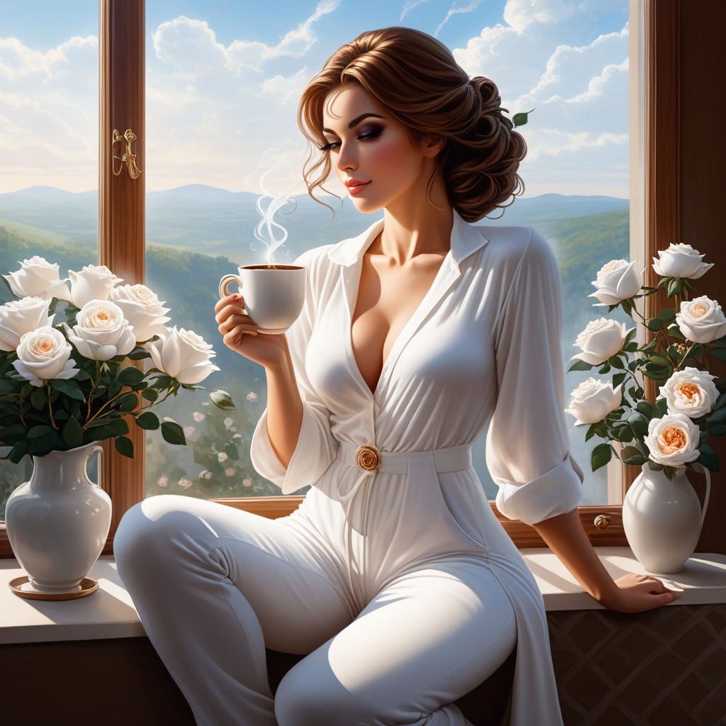 a bizarre mixed technique a woman in a white cotton jumpsuit of classic style sitting on the wind (1