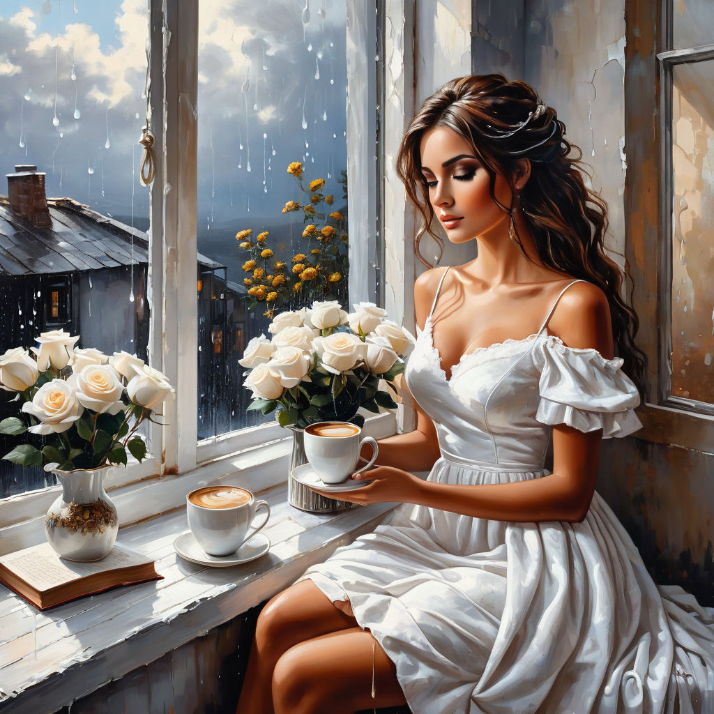 bizarre mixed media a woman in a white cotton dress sitting on the windowsill and holding a cup of