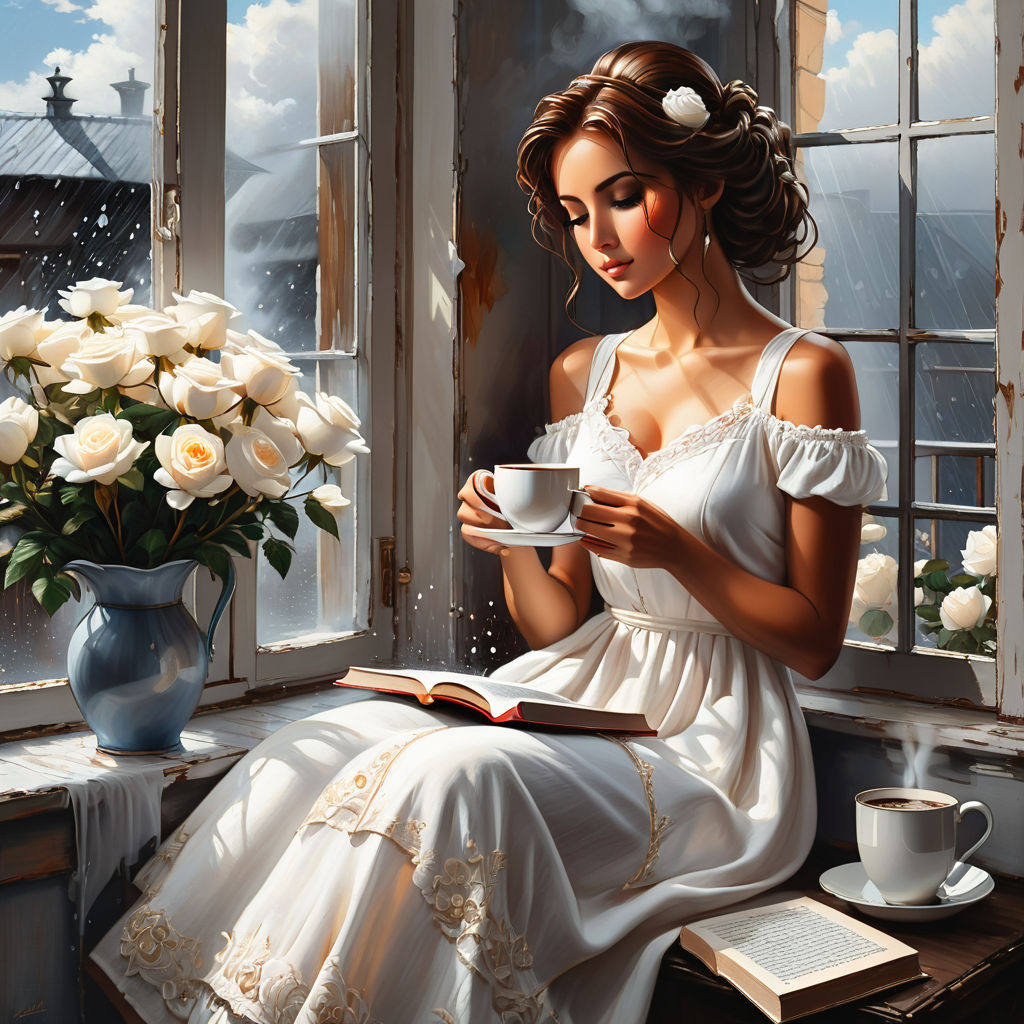 bizarre mixed media a woman in a white cotton dress sitting on the windowsill and holding a cup of (