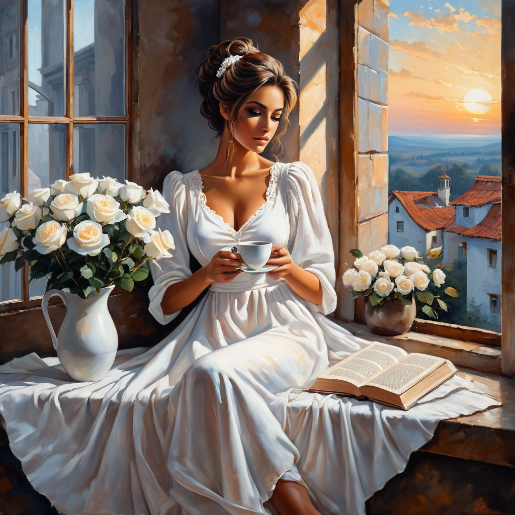 bizarre mixed media a woman in a white cotton dress sitting on the windowsill and holding a cup of (