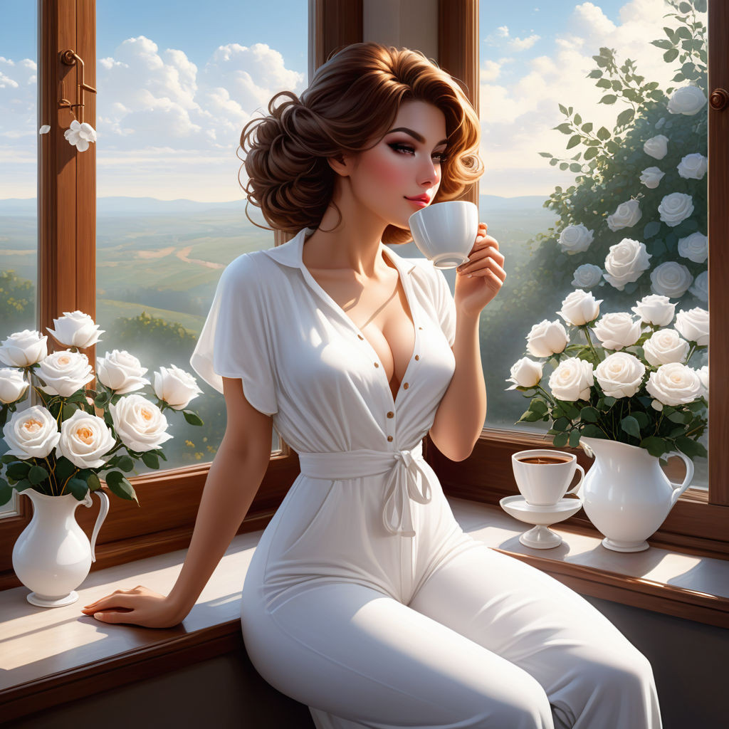 a bizarre mixed technique a woman in a white cotton jumpsuit of classic style sitting on the wind (1