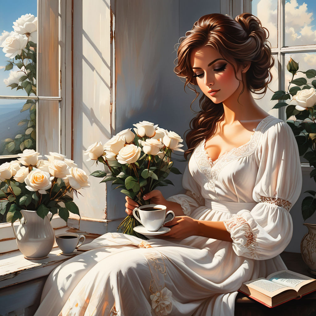 bizarre mixed media a woman in a white cotton dress sitting on the windowsill and holding a cup of (