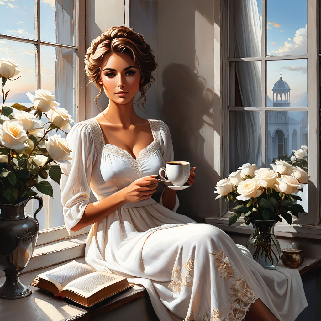 bizarre mixed media a woman in a white cotton dress sitting on the windowsill and holding a cup of (