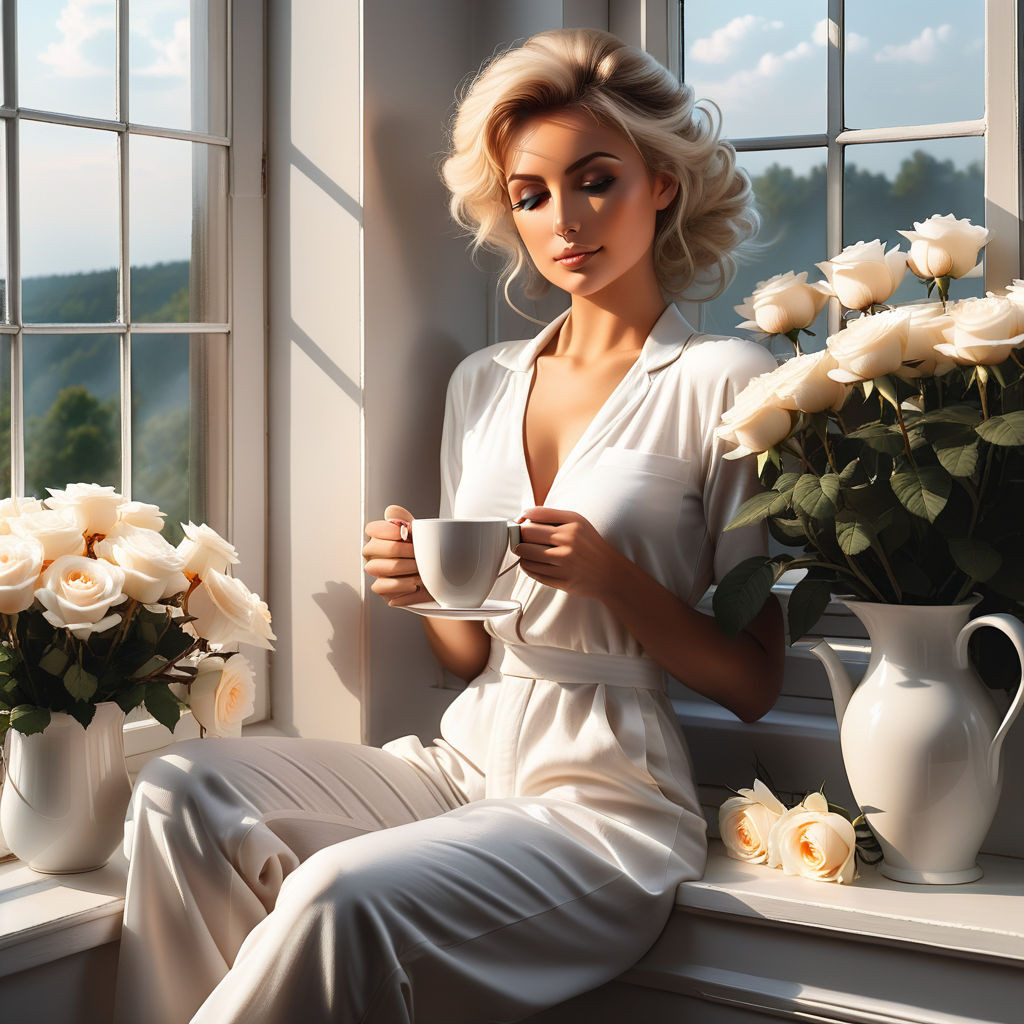 a bizarre mixed technique a woman in a white cotton jumpsuit of classic style sitting on the wind (4