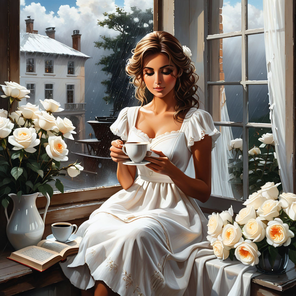 bizarre mixed media a woman in a white cotton dress sitting on the windowsill and holding a cup of (