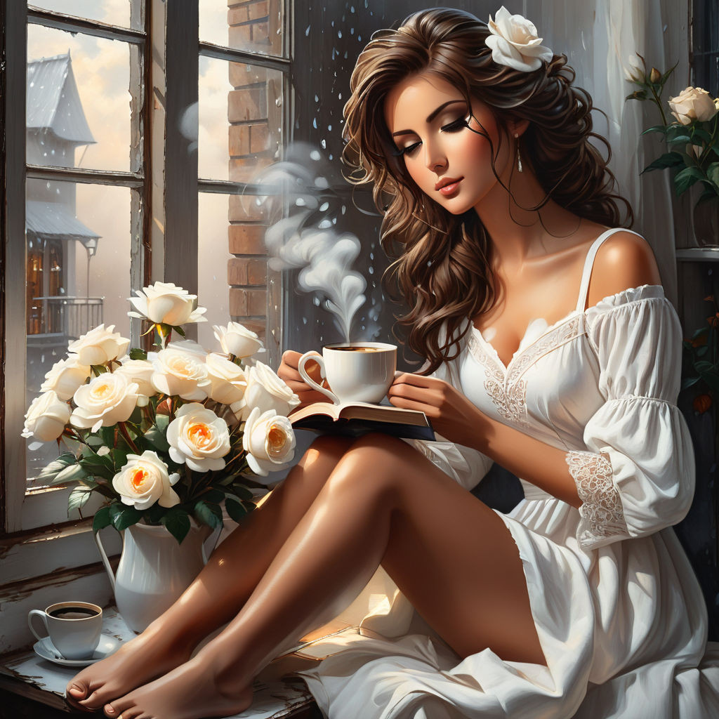 bizarre mixed media a woman in a white cotton dress sitting on the windowsill and holding a cup of (