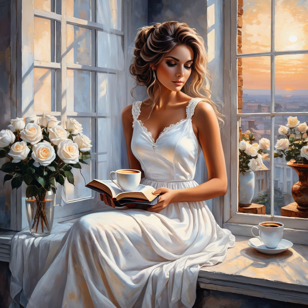 bizarre mixed media a woman in a white cotton dress sitting on the windowsill and holding a cup of (