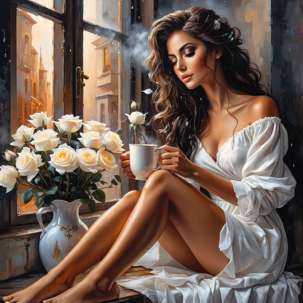 bizarre mixed media a woman in a white cotton dress sitting on the windowsill and holding a cup of (