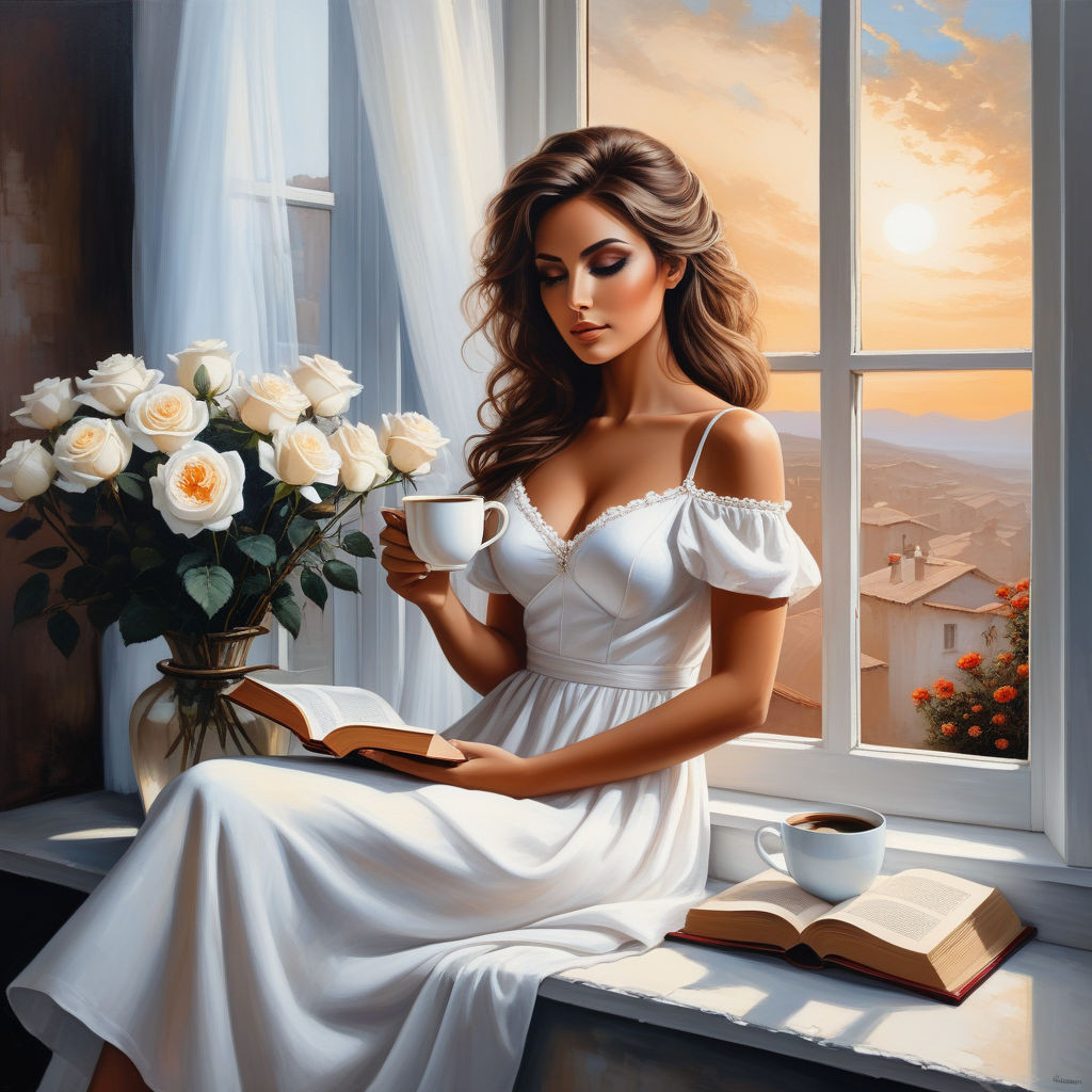 bizarre mixed media a woman in a white cotton dress sitting on the windowsill and holding a cup of (