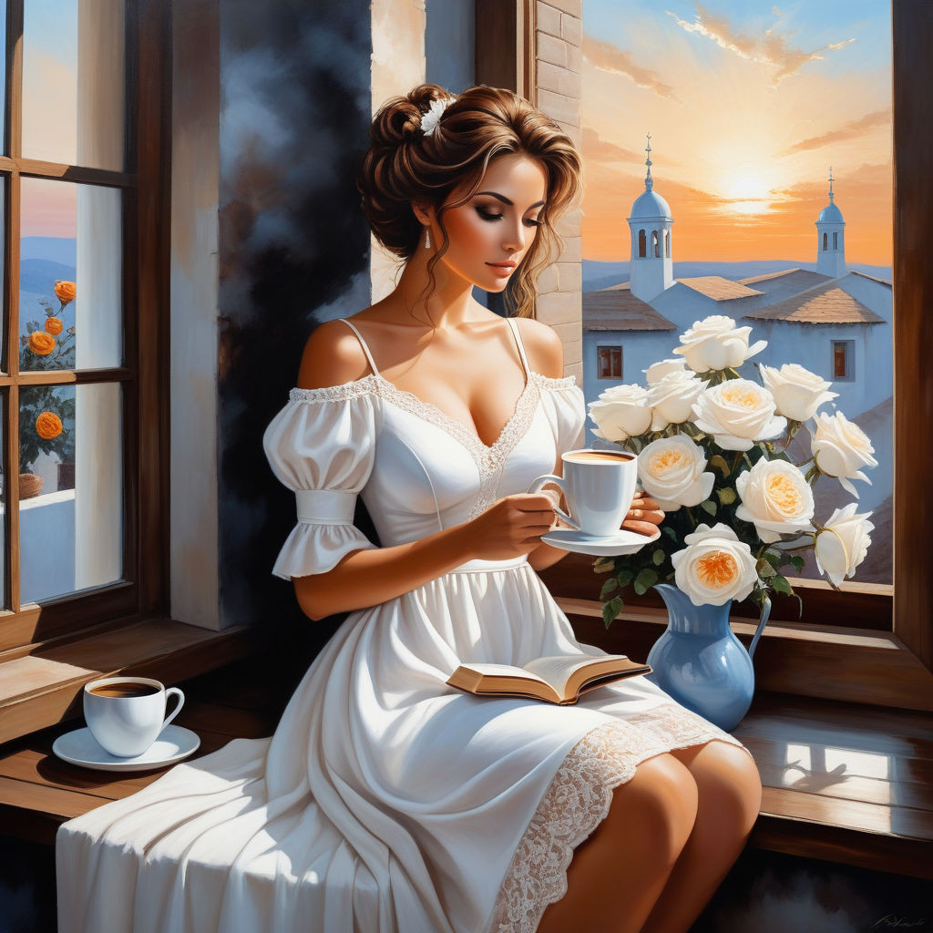 bizarre mixed media a woman in a white cotton dress sitting on the windowsill and holding a cup of (