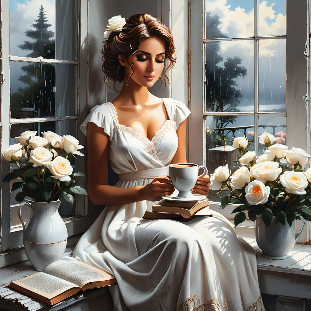 bizarre mixed media a woman in a white cotton dress sitting on the windowsill and holding a cup of (