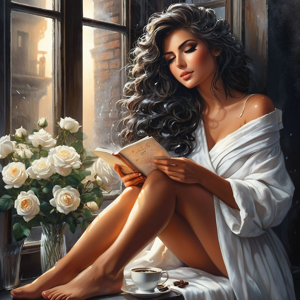 bizarre mixed media a woman in a white cotton dress sitting on the windowsill and holding a cup of (