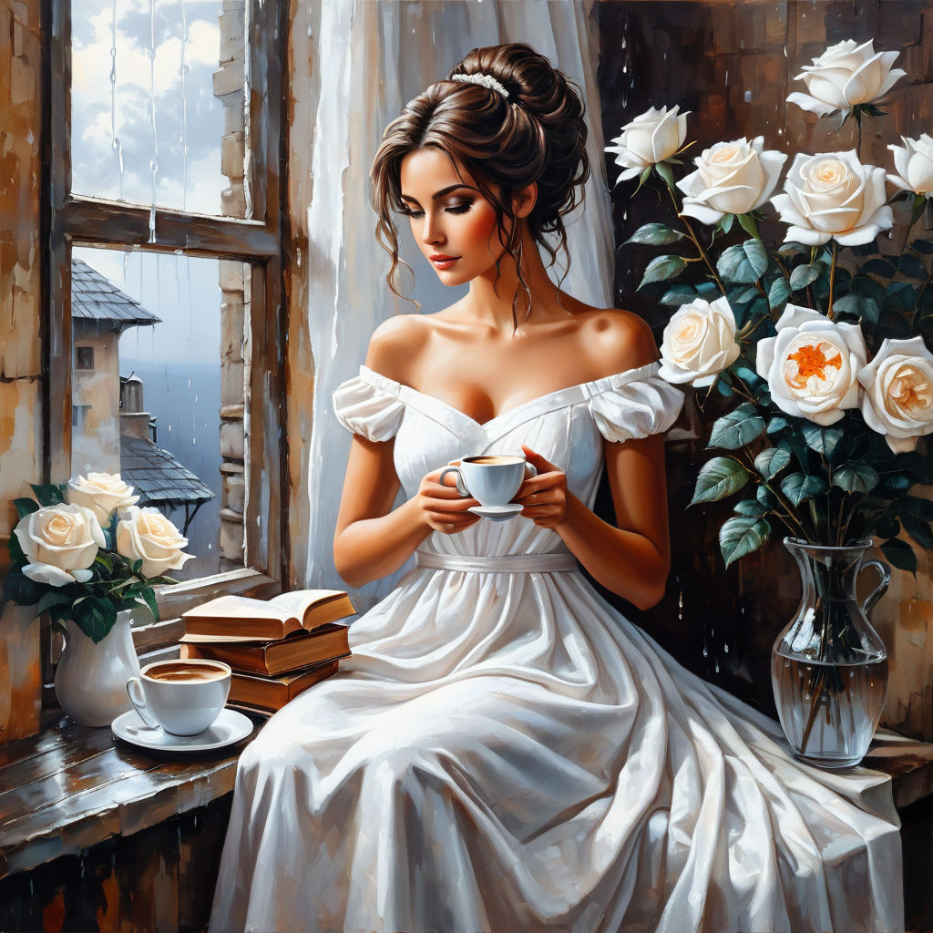 bizarre mixed media a woman in a white cotton dress sitting on the windowsill and holding a cup of (
