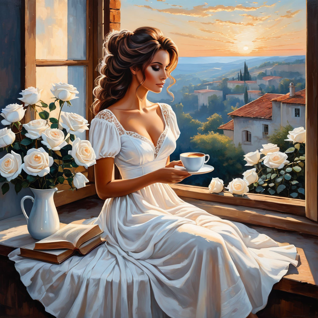 bizarre mixed media a woman in a white cotton dress sitting on the windowsill and holding a cup of (