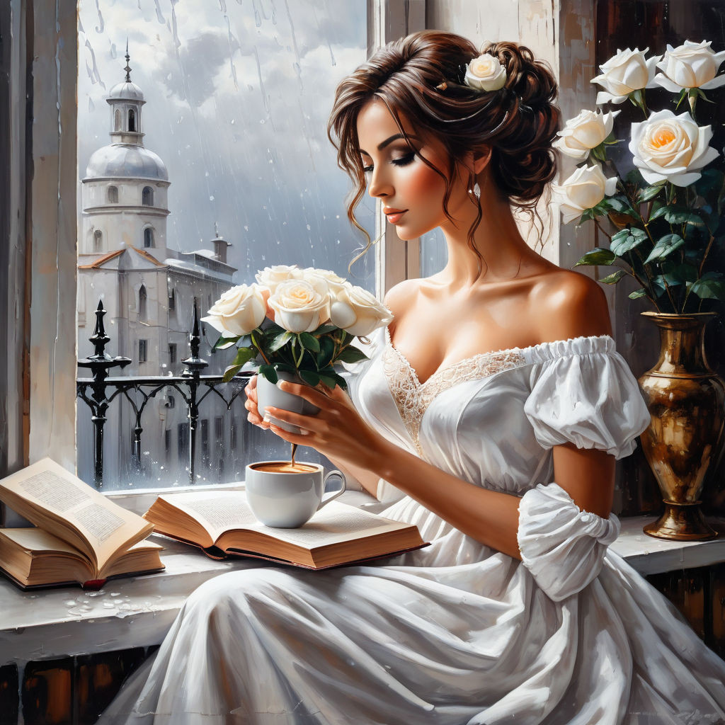 bizarre mixed media a woman in a white cotton dress sitting on the windowsill and holding a cup of (