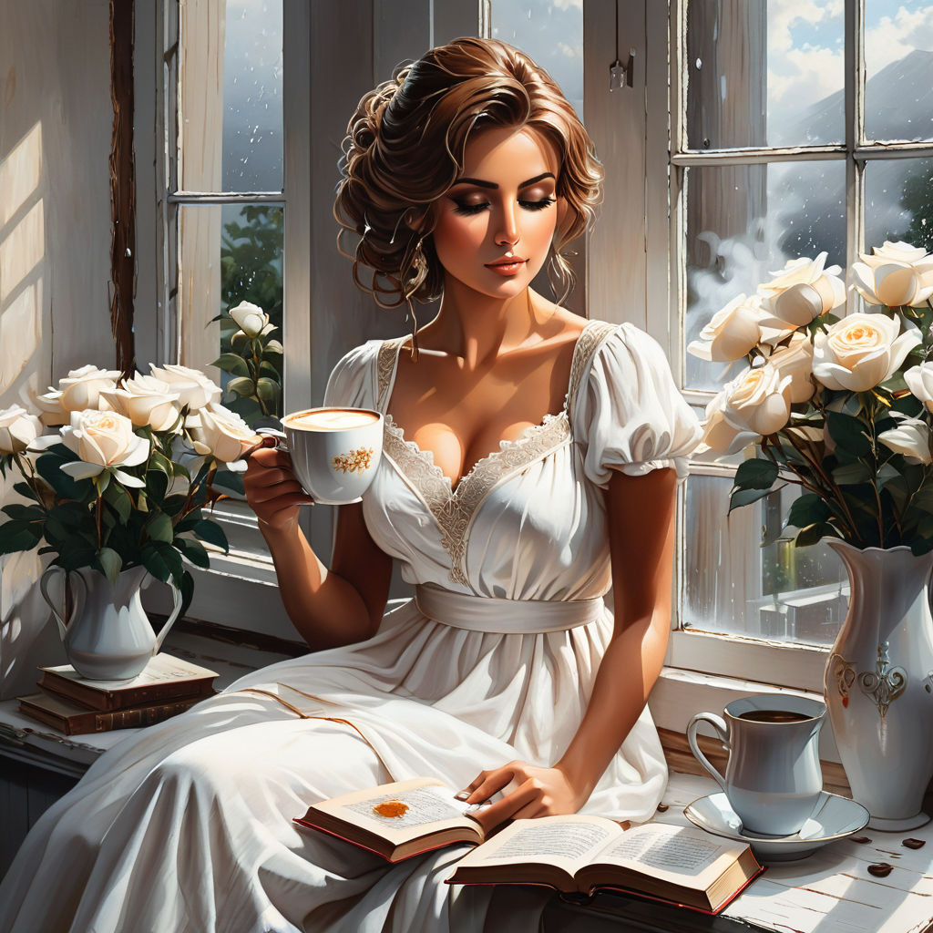 bizarre mixed media a woman in a white cotton dress sitting on the windowsill and holding a cup of (