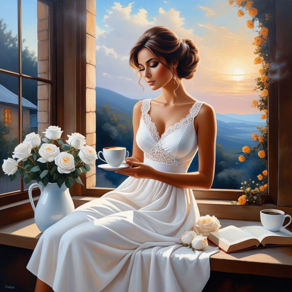 bizarre mixed media a woman in a white cotton dress sitting on the windowsill and holding a cup of (