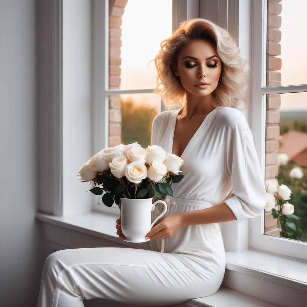 a bizarre mixed technique a woman in a white cotton jumpsuit of classic style sitting on the wind (1