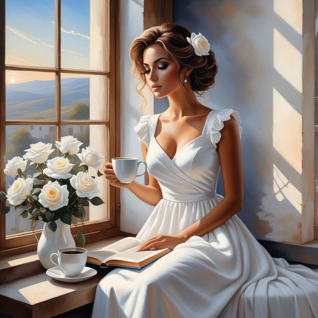 bizarre mixed media a woman in a white cotton dress sitting on the windowsill and holding a cup of (