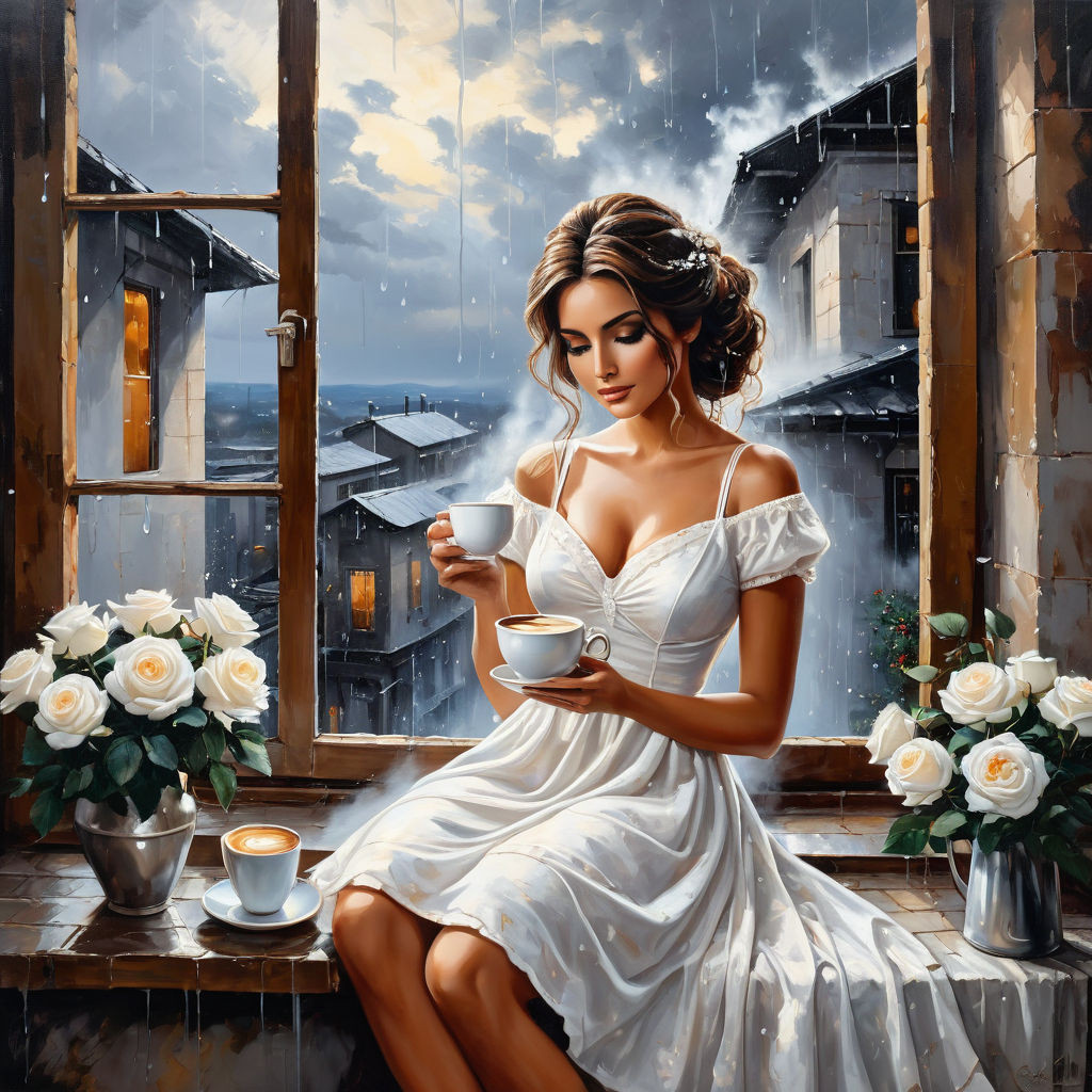 bizarre mixed media a woman in a white cotton dress sitting on the windowsill and holding a cup of (