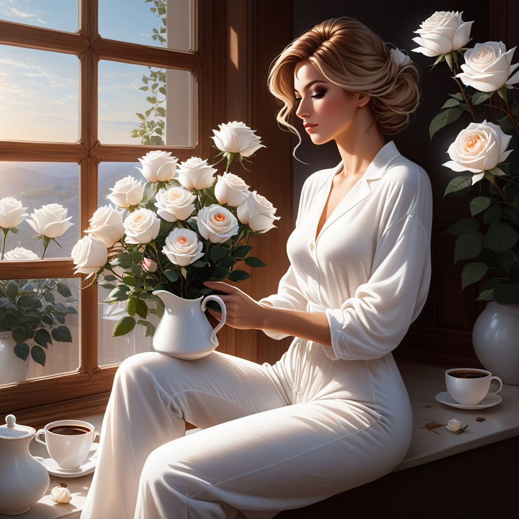 a bizarre mixed technique a woman in a white cotton jumpsuit of classic style sitting on the wind (9