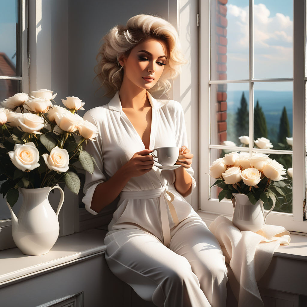 a bizarre mixed technique a woman in a white cotton jumpsuit of classic style sitting on the wind (5