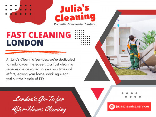 Discover the advantages of choosing fast cleaning London services over DIY methods. Save time, enjoy expert results, and experience cost-effective solutions tailored to your needs. Leave it to the pros and enjoy a spotless home effortlessly.

Click here for more information about: https://juliascleaning.services/domestic-cleaning-london

JULIA'S CLEANING
Address: 40 Crewys Rd, Childs Hill, London NW2 2AA, United Kingdom
Phone: +442084588220

Find Us On Google Maps: https://maps.app.goo.gl/hkMotRbHqEScQFkt9

Our Profile: https://gifyu.com/juliascleaning

More Photos: 

https://tinyurl.com/25mx4eqy
https://tinyurl.com/2665xfqe
https://tinyurl.com/2dm2mh5n
https://tinyurl.com/22sdcmha