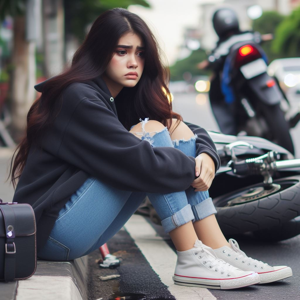 female sit on the curb, after motorbike accident