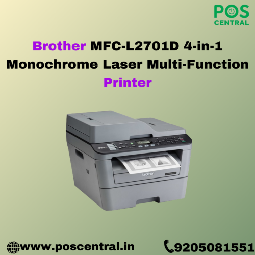 The Brother MFC-L2701D Laser Printer is a powerhouse in one compact device. It does it all - printing, scanning, copying, and faxing. Get top-notch prints with sharp details thanks to its high resolution of up to 2400 x 600 dpi. Save money and trees with its automatic double-sided printing feature. Its large paper tray holds up to 250 sheets, while the automatic document feeder makes scanning and copying a breeze. POS Central India has all the details you need about Brother MFC-L2701D. Visit https://www.poscentral.in/brother-mfc-l2701d-4-in-1-monochrome-laser-multi-function-printer.html