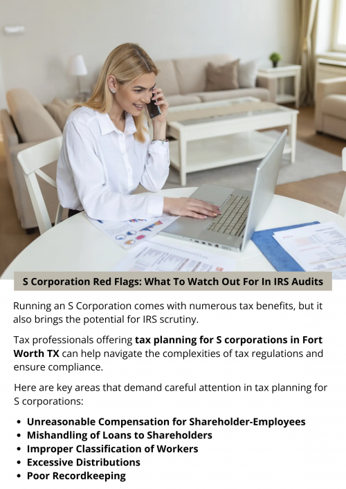 Proactively addressing these red flags through meticulous tax planning for S corporations is essential for mitigating the risk of IRS audits. Engaging with tax professionals, implementing sound recordkeeping practices, and staying informed about tax regulations are crucial steps in ensuring the continued success and compliance of your S Corporation. To know more visit here https://www.alignedwealthadv.com/tax-planning-fort-worth-tx