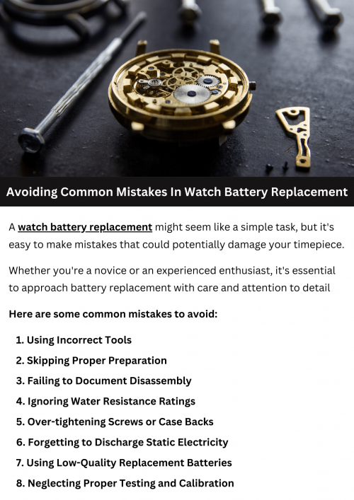 When replacing a watch battery, avoid common mistakes like using the wrong size battery, mishandling the delicate components, and failing to properly seal the watch. Ensure you have the correct tools and follow instructions carefully to prevent damaging the watch. Take your time and proceed with caution to avoid potential complications or costly repairs. To know more visit here https://www.futerbrosjewelers.com/services/watch-battery-replacement