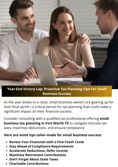 In the race towards small business success, proactive tax planning is the secret weapon that can propel you across the finish line. By implementing strategies and staying ahead of the curve, you will not only minimize your tax burden but also set the stage for a prosperous year ahead. So, put on your tax planning hat, lace up your shoes, and get ready for your Year-End Victory Lap it is time to take the lead in the race towards financial triumph! To know more visit here https://www.alignedwealthadv.com/tax-planning-fort-worth-tx