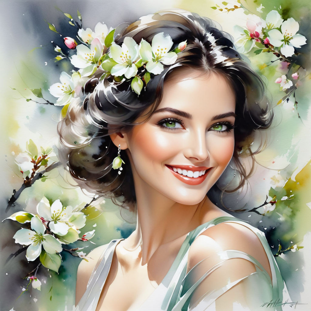 watercolor portrait dark haired woman gray green eyes smiling with perfect facial structure appl (1)
