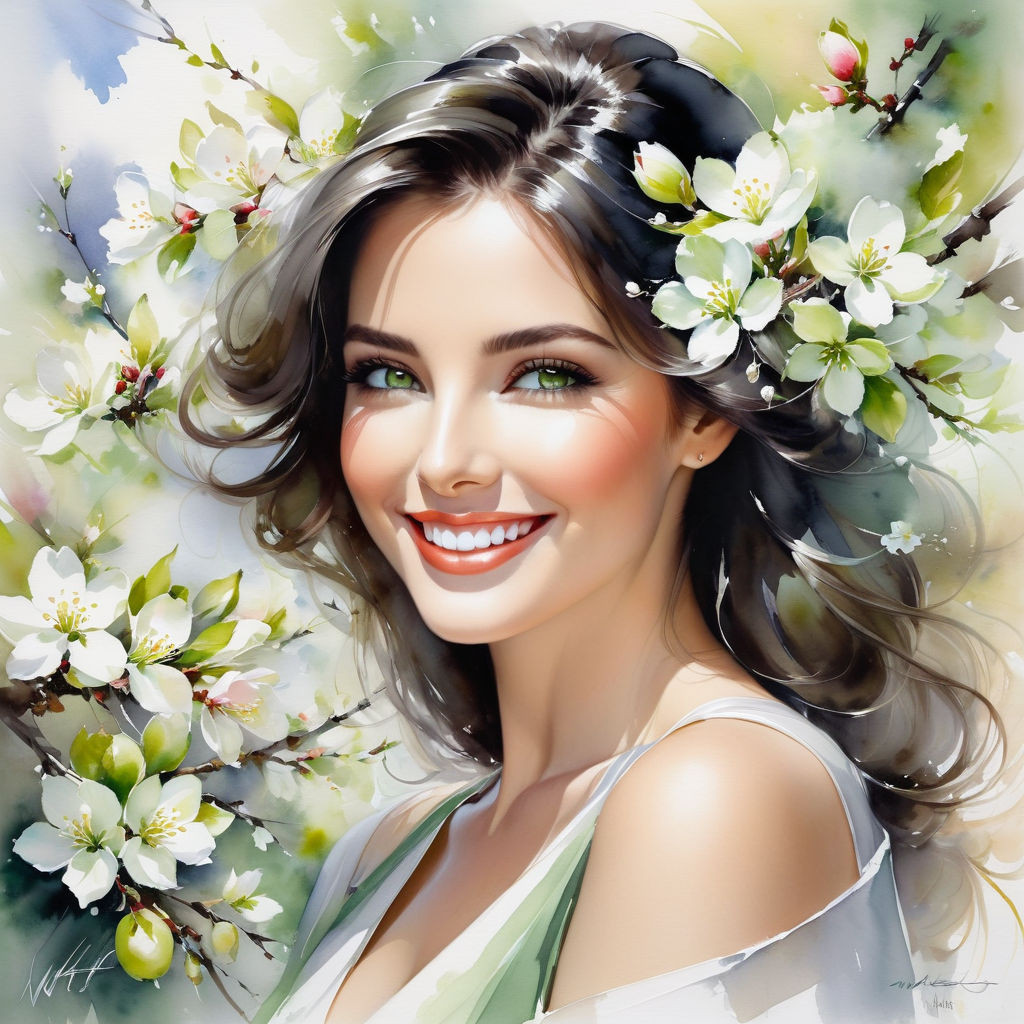watercolor portrait dark haired woman gray green eyes smiling with perfect facial structure appl (2)