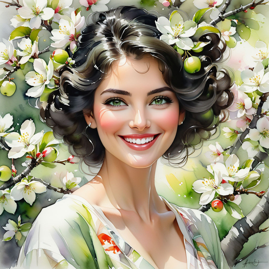 dark haired woman smiling joyfully gray green eyes capturing attention anatomically perfect facial