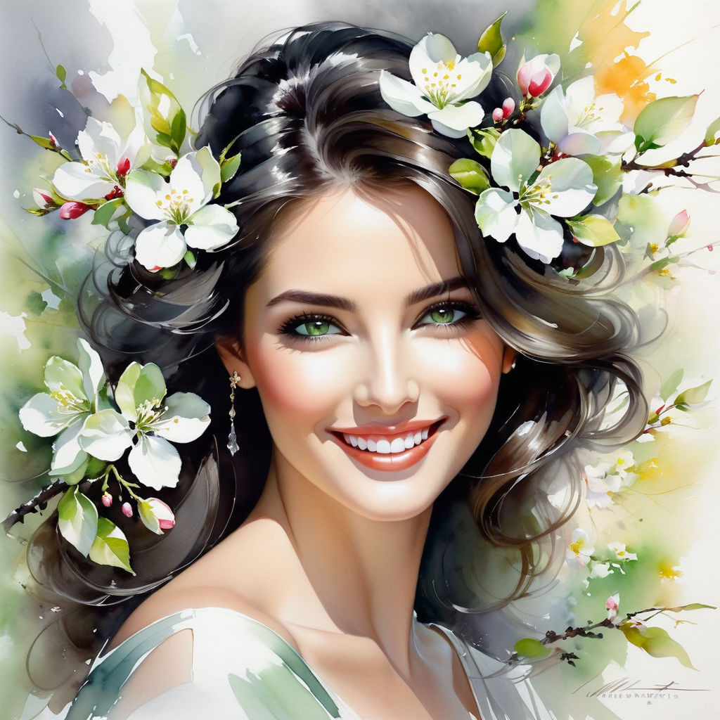 watercolor portrait dark haired woman gray green eyes smiling with perfect facial structure appl