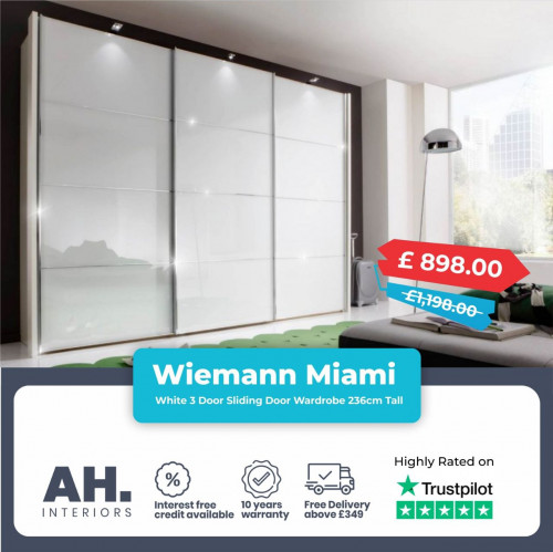 Transform your bedroom with the sleek and spacious Wiemann Miami2, 3 Sliding Door Wardrobe!. Standing at an impressive 236cm, this stylish storage solution offers ample space and modern design to fit any decor. 

Website: ahinteriors.co.uk
E-mail: sales@ahinteriors.co.uk
Phone: +44 1282 940090
Address: 133 - 137 Scotland Road, Nelson, United Kingdom