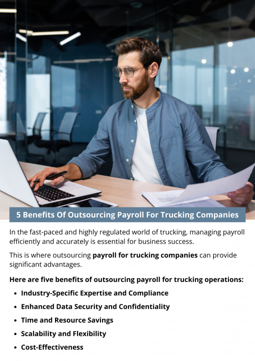 Outsourcing payroll for trucking companies offers a multitude of benefits, ranging from industry-specific expertise and compliance to cost-effectiveness, data security, and scalability. By partnering with specialized payroll providers, trucking companies can streamline payroll processes, mitigate compliance risks, and focus on strategic initiatives to drive business growth. To know more visit here https://www.truckersprocpa.ca/trucking-payroll-services