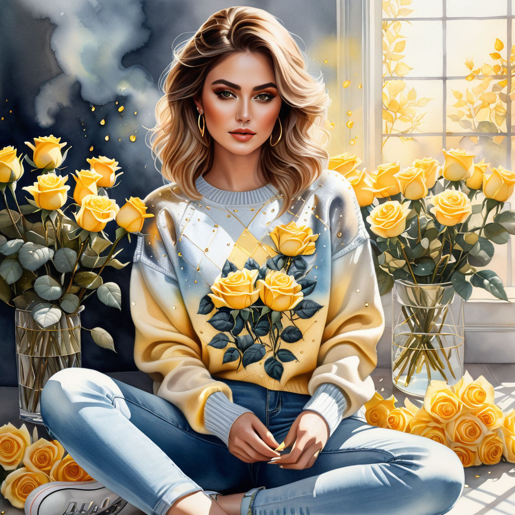 a hyperrealistic watercolor painting depicting a woman sitting on the floor with yellow roses in her