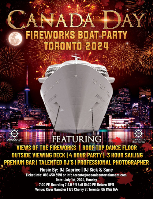 Toronto Boat Parties is organizing Canada Day Fireworks Boat Party Toronto 2024 | Tickets Starting at $20 event by Toronto Boat Parties on 2024–07–01 07 PM in Canada, we are selling the tickets for Canada Day Fireworks Boat Party Toronto 2024 | Tickets Starting at $20. https://www.ticketgateway.com/event/view/canada-day-firework-boat-party-toronto-2024---ticket-starting-at--20