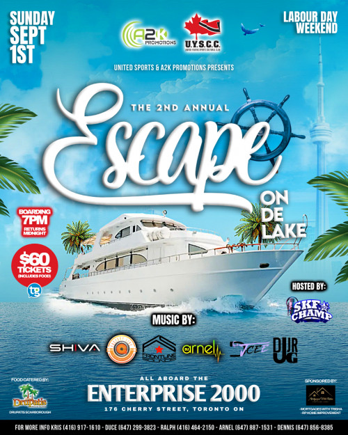 A2K PROMOTIONS is organizing The 2nd Annual Escape On De Lake event by A2K PROMOTIONS on 2024–09–01 08 PM in Canada, we are selling the tickets for The 2nd Annual Escape On De Lake. https://www.ticketgateway.com/event/view/the-2nd-annual-escape-on-de-lake