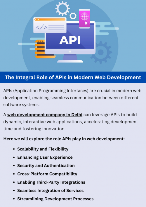 APIs (Application Programming Interfaces) are crucial in modern web development, enabling seamless communication between software systems. They allow developers to integrate third-party services, enhance functionality, and streamline processes. APIs facilitate data exchange, improve user experience, and support scalable, modular application design. Their use accelerates development time, fosters innovation, and is essential for building dynamic, interactive web applications in today's digital landscape. To know more visit here https://singhimarketingsolutions.com/website-development-services/delhi/