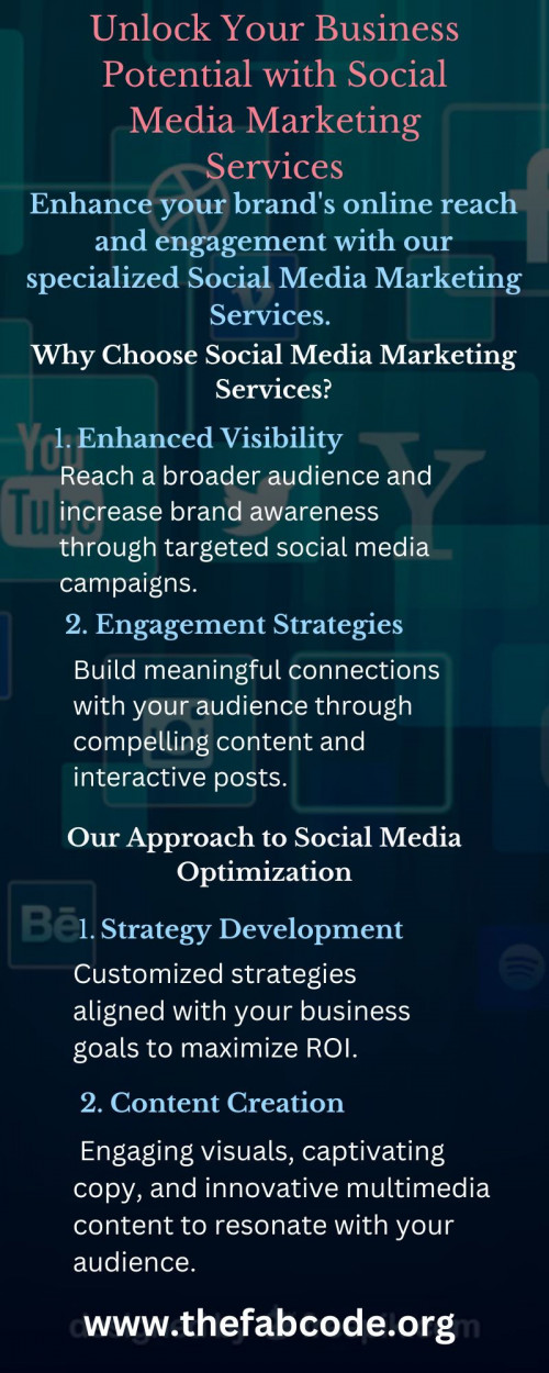 Maximize your business potential with our expert Social Media Marketing Services. Drive growth, engagement, and visibility with tailored strategies. Discover more here.
Website: https://thefabcode.org/digital-marketing/social-media-optimization/