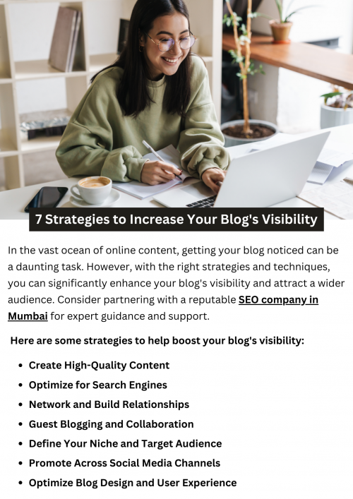 Boosting your blog's visibility requires strategic tactics. Focus on creating high-quality, engaging content tailored to your audience's interests and needs. Optimize your blog posts with relevant keywords and meta tags for better search engine rankings. Promote your blog across social media platforms, engage with your audience, collaborate with influencers, and guest post on reputable sites to expand your reach and increase visibility. To know more visit here