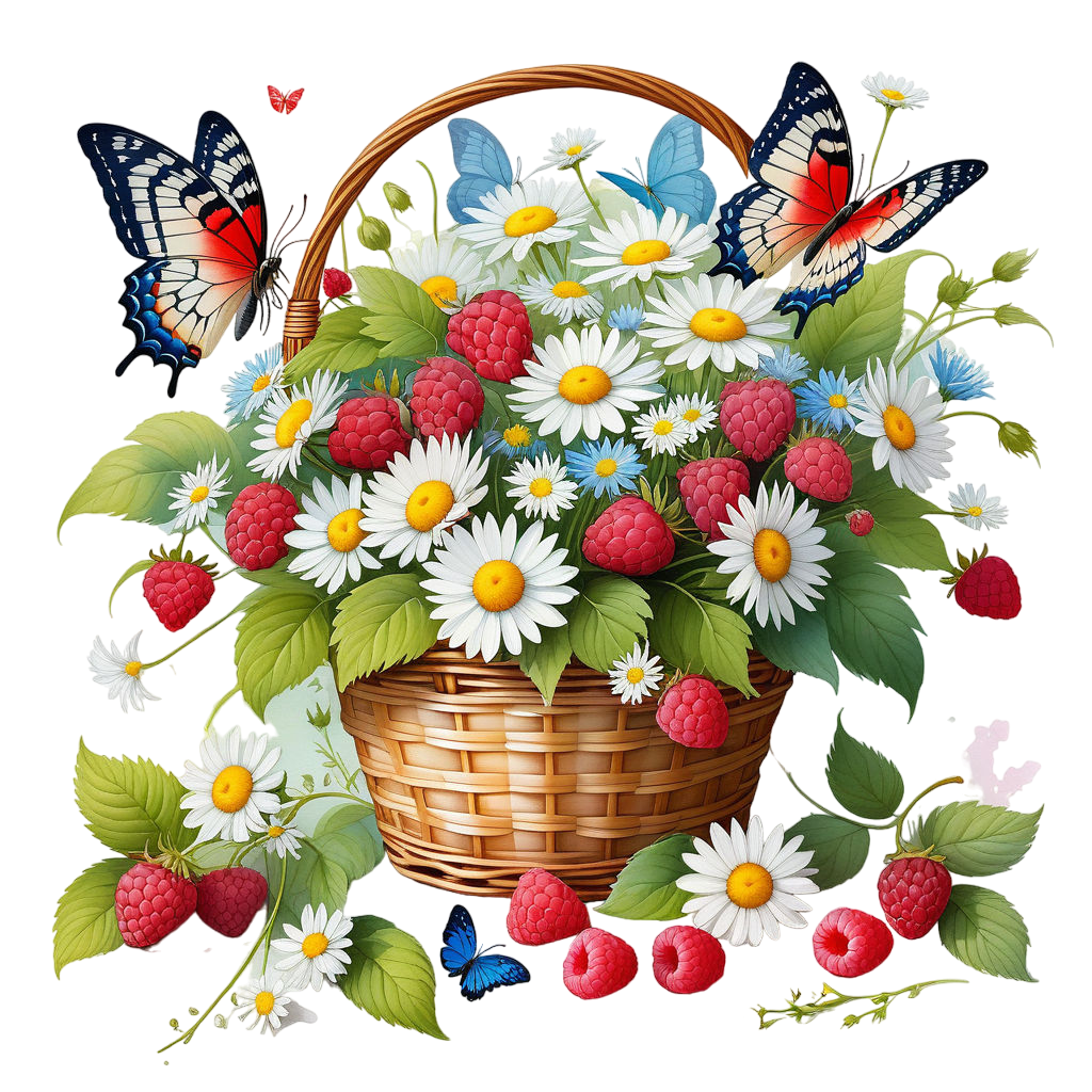 inspired by a watercolor by brian davis a basket with raspberries a bouquet of daisies lies next t (