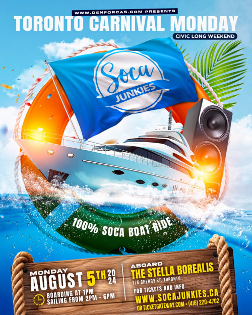 ENFORCAS is organizing SOCA JUNKIES BOAT RIDE 2024 event by ENFORCAS on 2024–08–05 01 PM in Canada, we are selling the tickets for SOCA JUNKIES BOAT RIDE 2024. https://www.ticketgateway.com/event/view/soca-junkie-boat-ride-2024