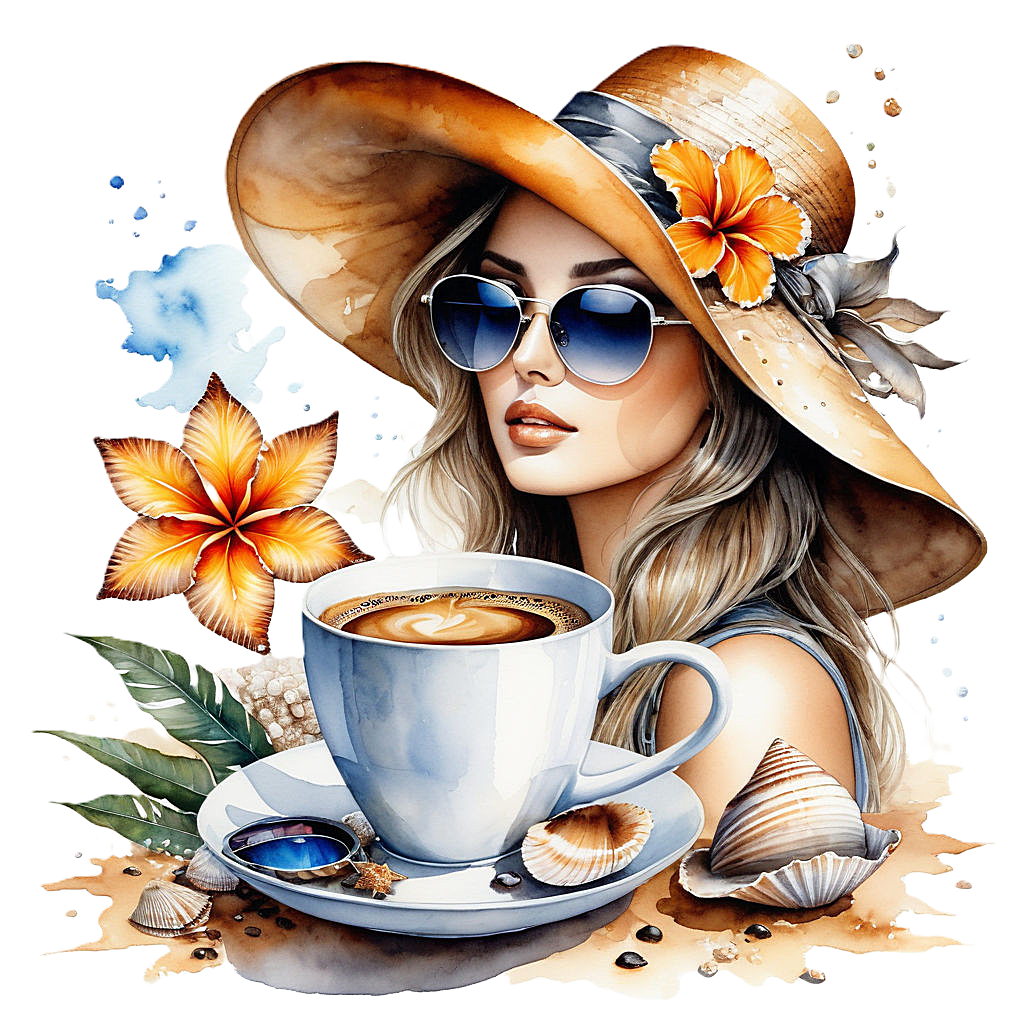 inspired by a watercolor by luis royo a cup of coffee next to it seashells a womans hat sunglas (19)