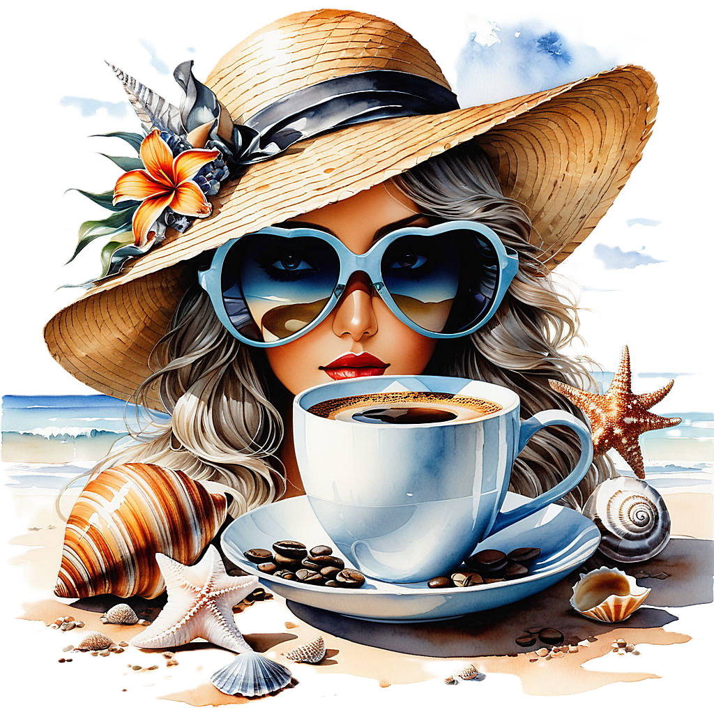 inspired by a watercolor by luis royo a cup of coffee next to it seashells a womans hat sunglas (11)