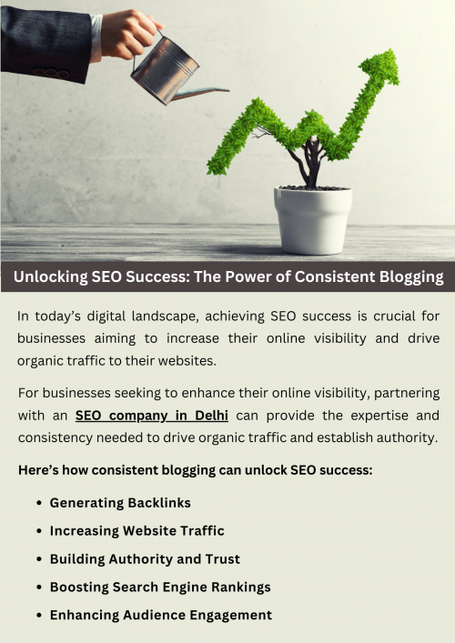 Consistent blogging is a powerful strategy for unlocking SEO success. Regular, high-quality content boosts search engine rankings by increasing keyword presence and generating backlinks. It keeps your website fresh, attracts more visitors, and engages your audience. Over time, this consistent effort enhances your online visibility, drives organic traffic, and establishes your site as a trusted authority in your industry. To know more visit here https://singhimarketingsolutions.com/seo-services/delhi/