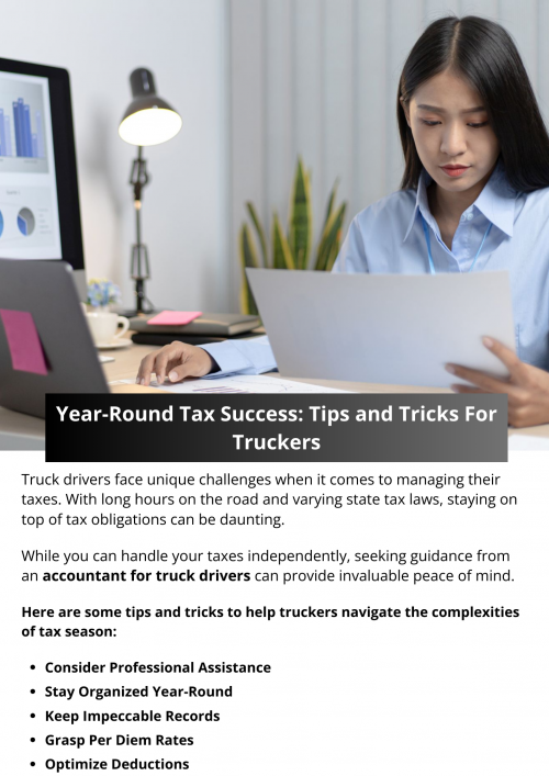 Achieving tax efficiency as a trucker demands diligence, organization, and knowledge. By maintaining meticulous records, optimizing deductions, and staying informed about tax law changes, you can navigate the tax landscape with confidence. With these essential strategies in your toolkit, you'll be well-equipped to minimize your tax burden and maximize your savings year-round.  To know more visit here https://www.truckersprocpa.ca/trucking-accounting-services
